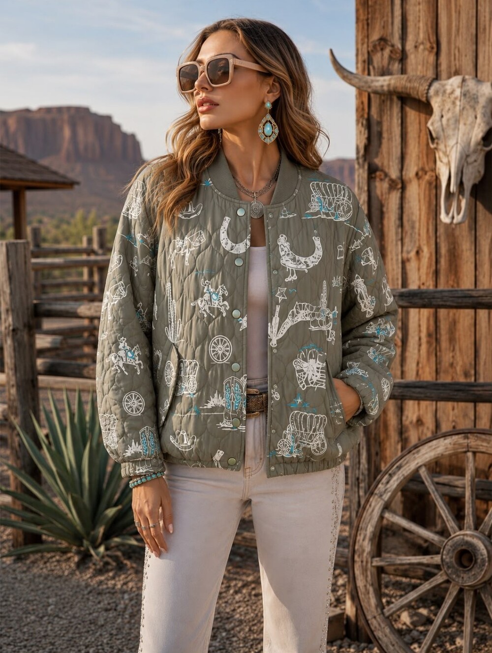 T 2 Quilted Olive Western Print Bomber Jacket